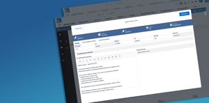 Benutzeroberfläche einer webbasierten Software zur Erstellung oder Bearbeitung von Inhalten, dargestellt auf einem schräg gekippten Fenster vor blauem Hintergrund.
